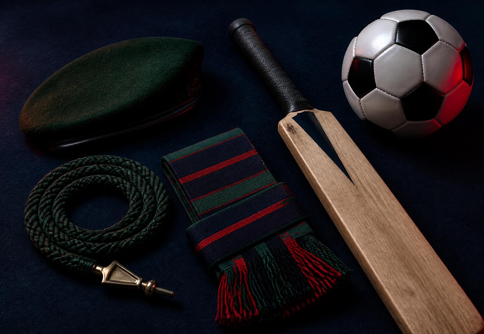 NCC beret, lanyard, ceremonial sash, cricket bat and football arranged on a dark surface